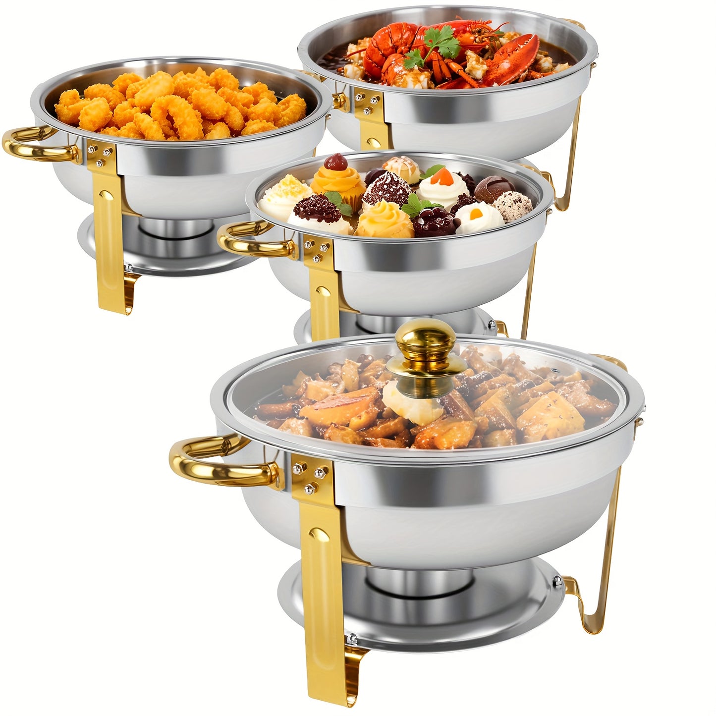4 Pack Chafing Dish Buffet Set, Round Golden Chafers And Buffet Warmers Sets, 6Qt Stainless Steel Chafing Dishes for Buffet with Lid, Food Warming Tray for Party, Dinners And Catering, Solely for Cooking (solely for cooking)