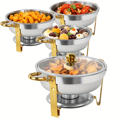 4 Pack Chafing Dish Buffet Set, Round Golden Chafers And Buffet Warmers Sets, 6Qt Stainless Steel Chafing Dishes for Buffet with Lid, Food Warming Tray for Party, Dinners And Catering, Solely for Cooking (solely for cooking)