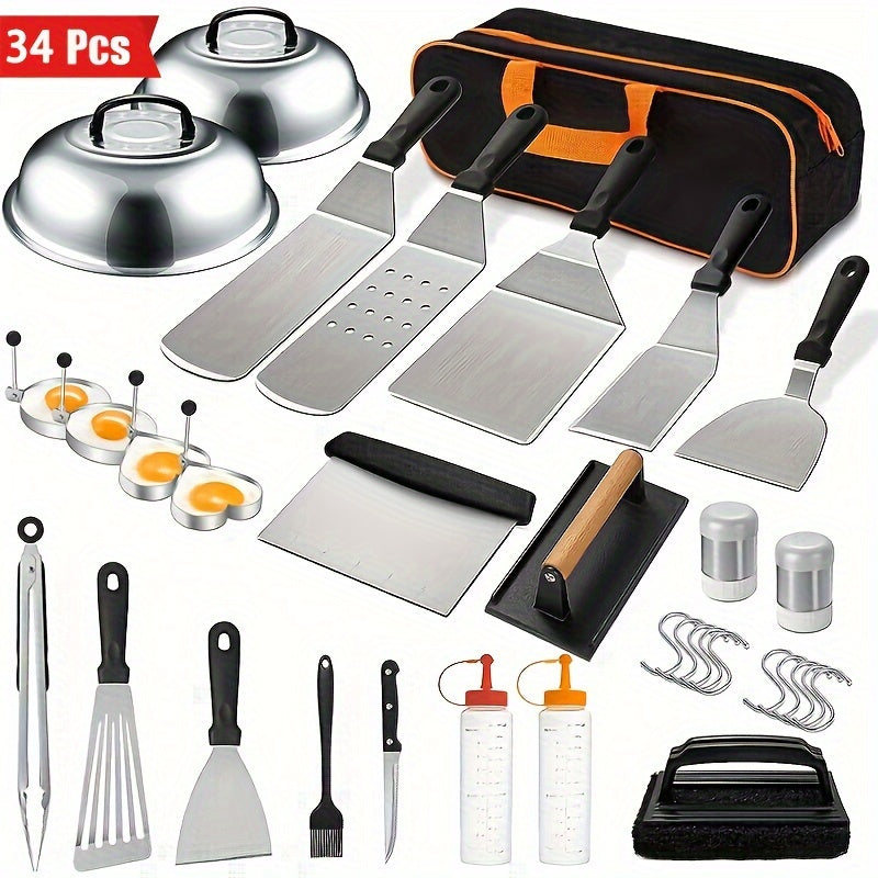 34PCS Griddle Accessories Kit, Flat Top Grill Accessories Set, Grill Spatula Set With Enlarged Spatulas, Basting Cover, Scraper For Outdoor Barbecue