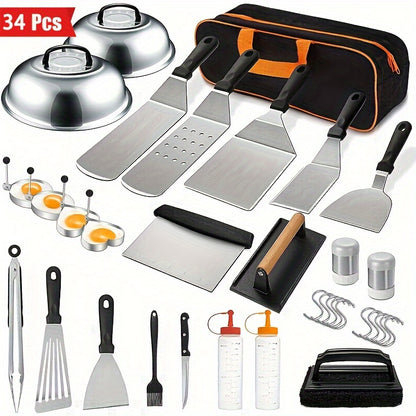 34PCS Griddle Accessories Kit, Flat Top Grill Accessories Set, Grill Spatula Set With Enlarged Spatulas, Basting Cover, Scraper For Outdoor Barbecue