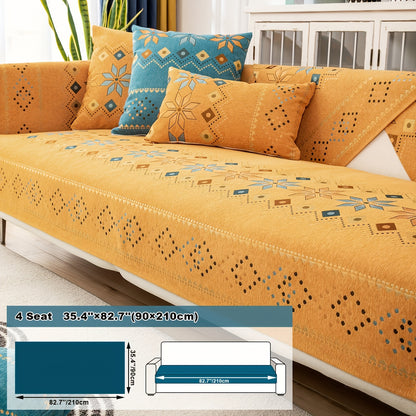 One Bohemian-style chenille sofa cover, suitable for pet-friendly families. Non-slip plush sofa cover with embroidered details. Fits two/three/four-seater sofas or single sofas, including backrests and armrests. Machine washable, soft sofa cover