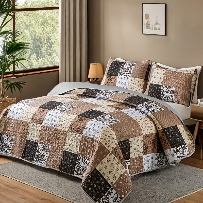 3pcs Patchwork Style Quilted Bedspread Set, Includes 1 Quilt and 2 Pillow Shams, Machine Washable, All-Season Comfort, Soft Breathable Bedroom Dorm Decor Bedding Set, 100% Polyester, Active Printing, Quilting Craftsmanship, 90g Fabric Weight