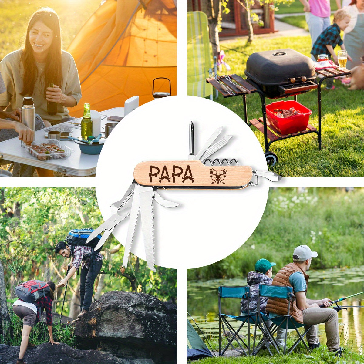 1pc 9in 1 Multi Purpose Key Ring Tool with Scissors, Screwdriver and Bottle Opener Etc. Wood Handle Portable and Utility Tool for Home, Camping, Emergency Lightweight and Durable Design, Camping Essential, Camping Accessories