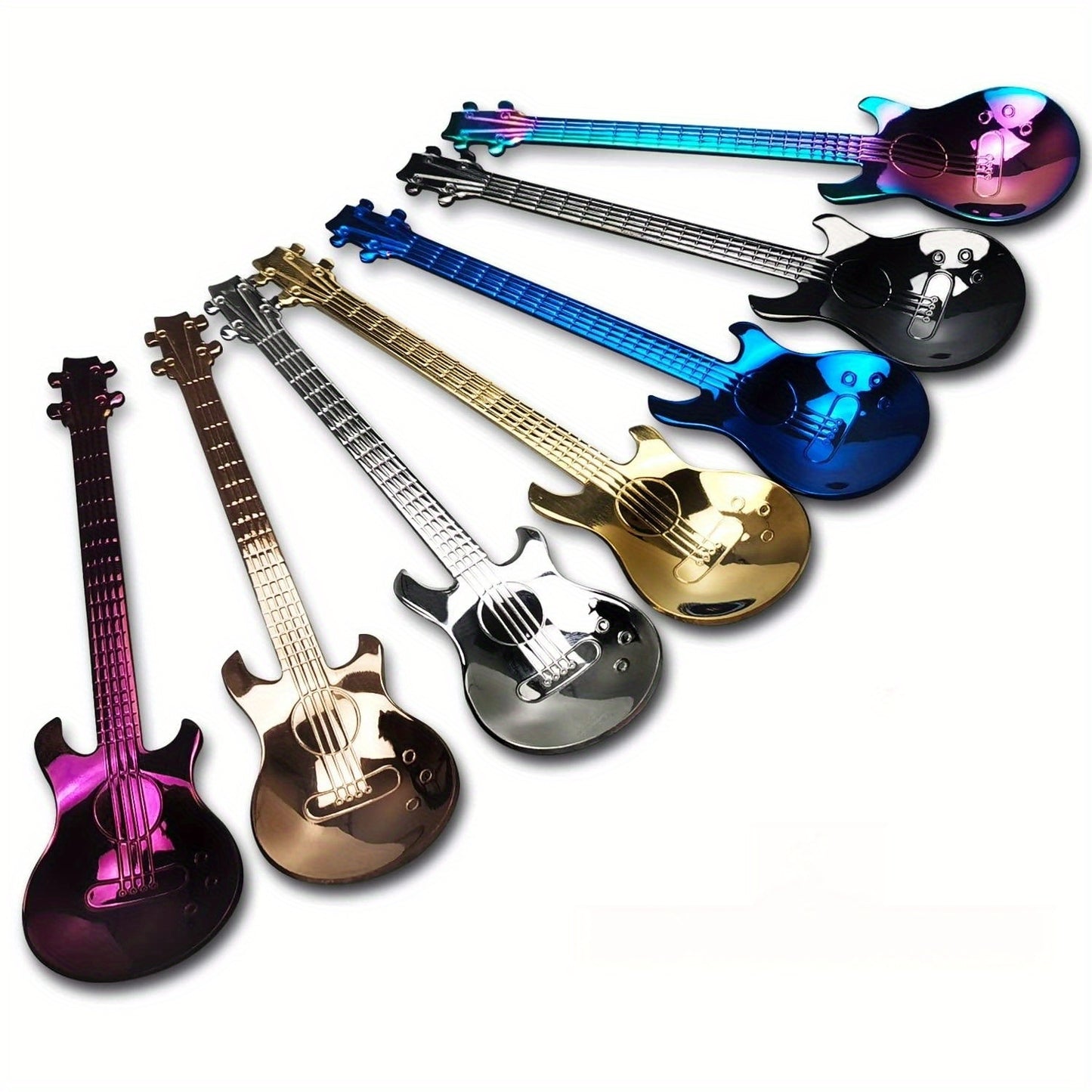 6pcs Guitar Shaped Spoon Random Color, 304 Stainless Steel Creative Color Tableware Set, Suitable For Coffee, Milk, Ice Cream