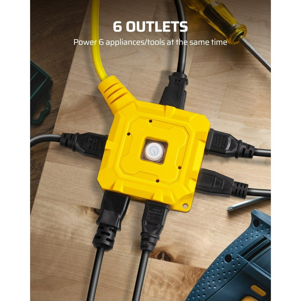 For Workshop Equipment/Christmas Lights - 25ft Heavy Duty 6-Outlet SJTW 14AWG Power Cord with Protective Cover & Switch