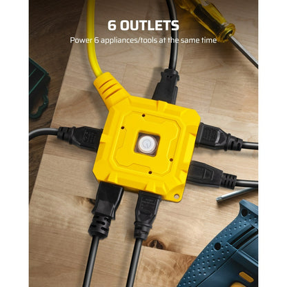 For Workshop Equipment/Christmas Lights - 25ft Heavy Duty 6-Outlet SJTW 14AWG Power Cord with Protective Cover & Switch