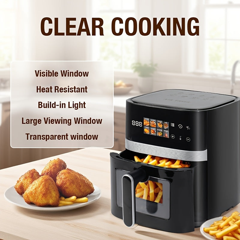 This 5-Quart Air Fryer Is an 8-In-1 Electric Hot Air Oven Equipped with an LED Touchscreen, Ensuring Even Heating of Food with a Power of 1350W. It Boasts a Large Capacity And Features 360° Hot Air Circulation Along with a Clear Touchscreen