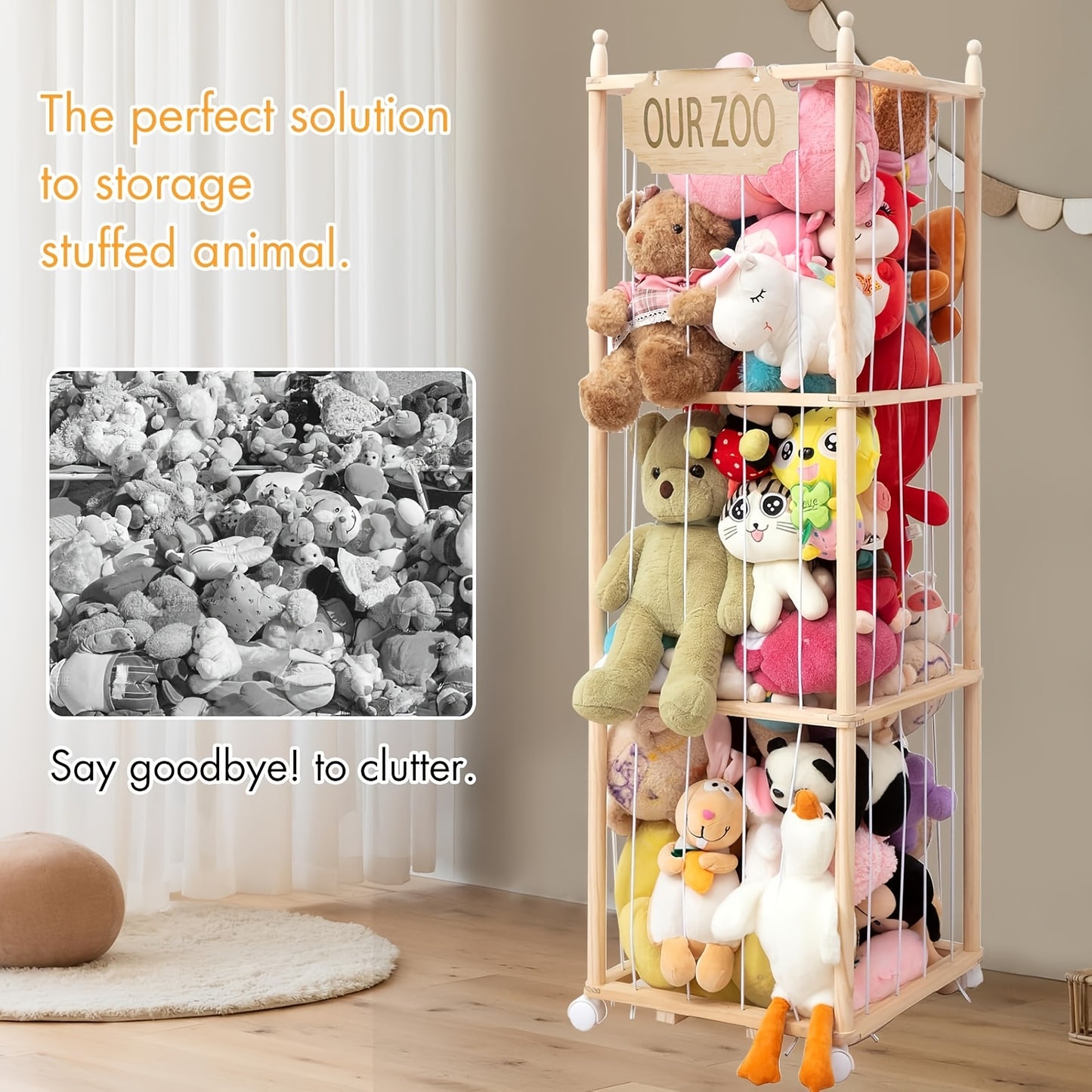 Stuffed Animal Storage Organizer - Thick Wooden Zoo for Playroom & Bedroom, Large Plushies Holder with Cute Jail Cage Design, Plush Display Tower Shelf (Large)