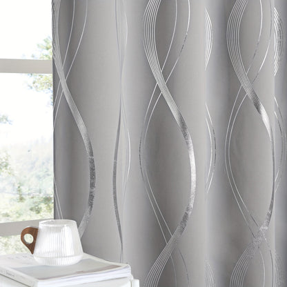 Blackout Curtains 2 Panels Set for Bedroom/Living Room, Noise Reducing Thermal Insulated Wave Line Foil Print Drapes for Patio Sliding Glass Door