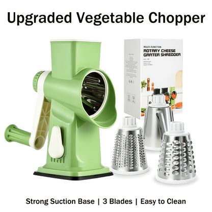 Rotary Vegetable Chopper & Cheese Grater, Multifunctional Cheese Grater Manual Food Slicer with 3 Replaceable Blades, Strong Suction Base, Ergonomic Handle for Nuts, Vegetables, Kitchen Manual Cheese Grater with Handle, Nuts Grinder