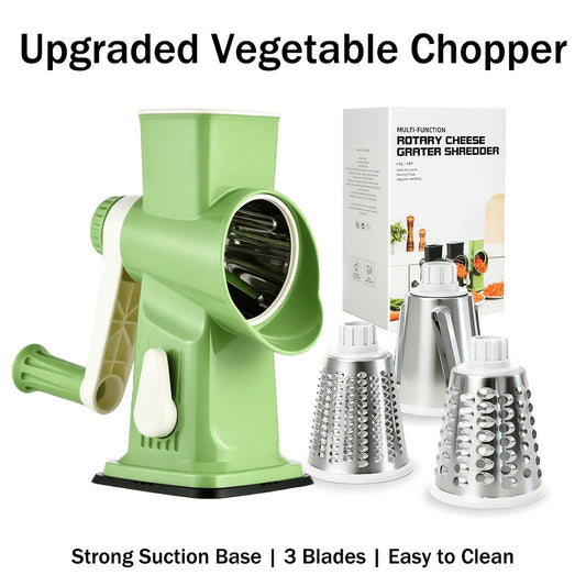 Rotary Vegetable Chopper & Cheese Grater, Multifunctional Cheese Grater Manual Food Slicer with 3 Replaceable Blades, Strong Suction Base, Ergonomic Handle for Nuts, Vegetables, Kitchen Manual Cheese Grater with Handle, Nuts Grinder