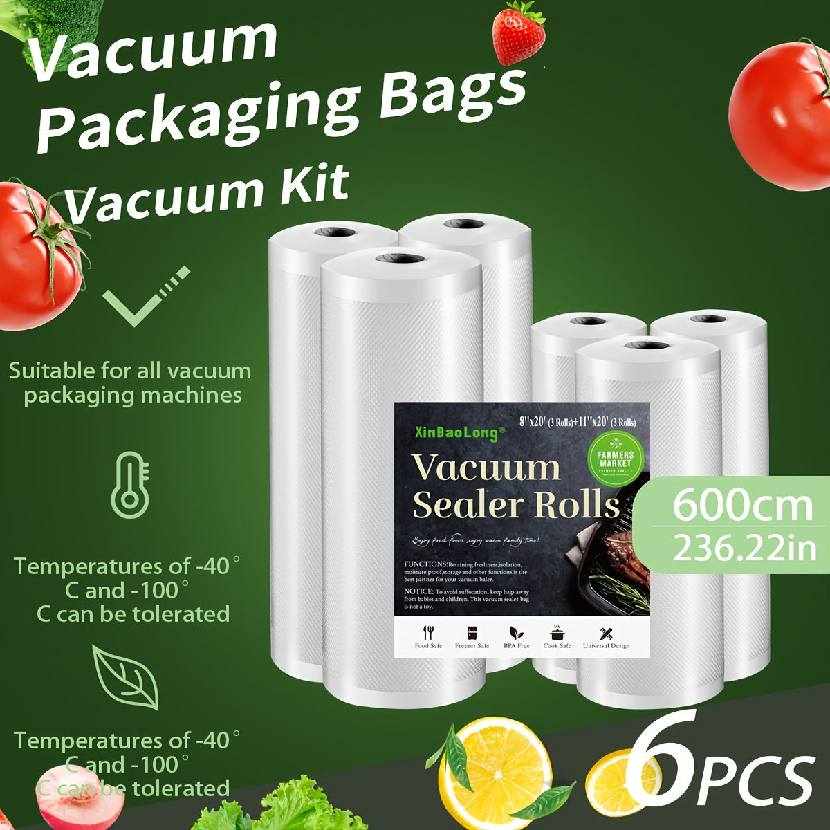 6pcs Food Vacuum Sealed Bag, 236.22inch Roll Bag, Free Of Bisphenol A, Food Vacuum Preservation Bag, Food Packaging Bag, Kitchen Supplies, Kitchen Storage Equipment Accessories, Essential Kitchen Party Supplies for Halloween And Christmas
