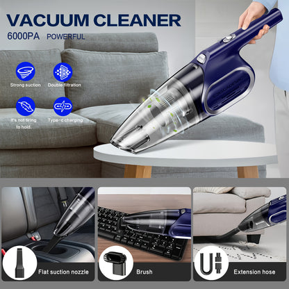 Portable Handheld Vacuum Cleaner, 6000PA Strong Suction Cordless Mini Vacuum with Dual Filtration & Low Noise, Lightweight Hand Vacuum for Car Interior, Pet Hair, Kitchen, Home Cleaning, Multiple Colors