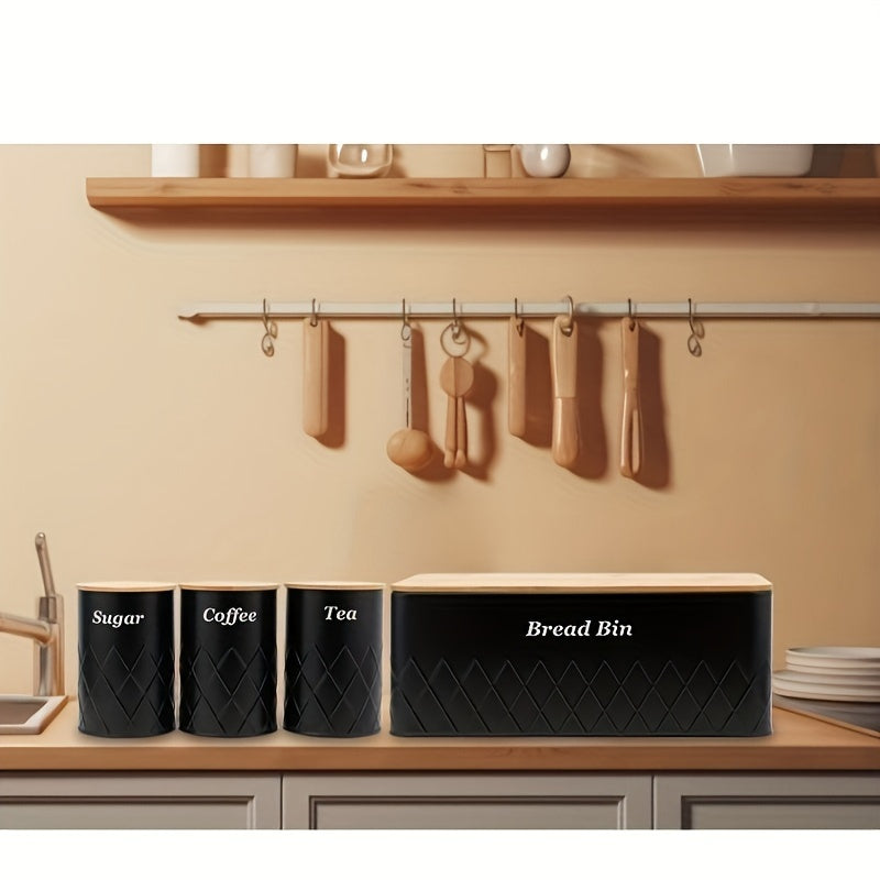 Black Bread Bin with 3 Canister Sets for Tea, Sugar, Coffee Containers