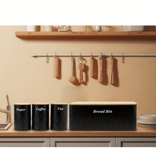 Bread Bin with 3-Piece Canister Set for Tea Sugar Coffee - Flip-Top Lid Kitchen Storage Containers Countertop Organizer Set