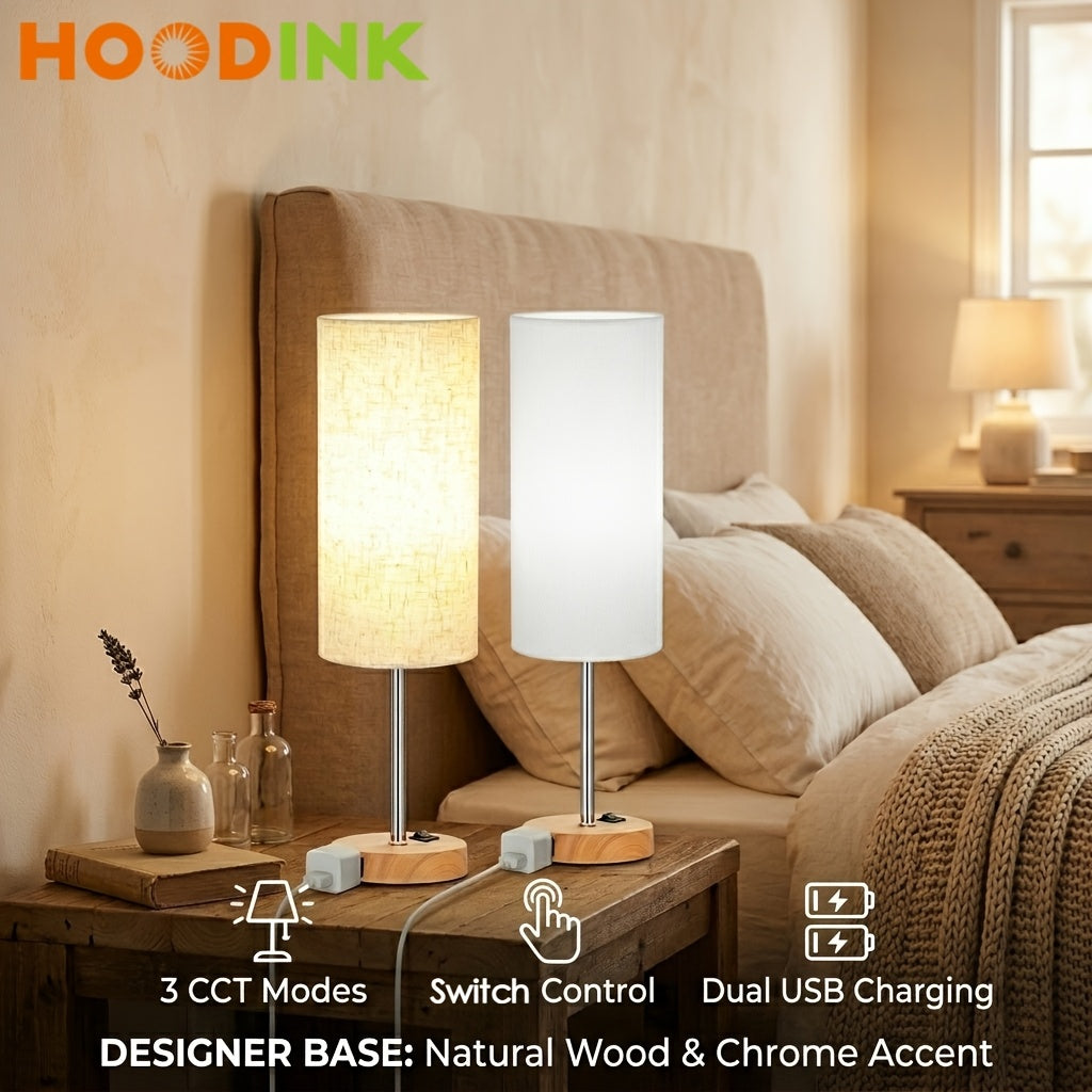 Dimmable Table Lamps With USB Charging Ports & AC Outlet, 3-Way Switch Control Bedside Nightstand Lamps, Wood/Metal Base, Modern Desk Lamps For Bedroom, Living Room, Office, Bulbs Included (1/2 Pack)