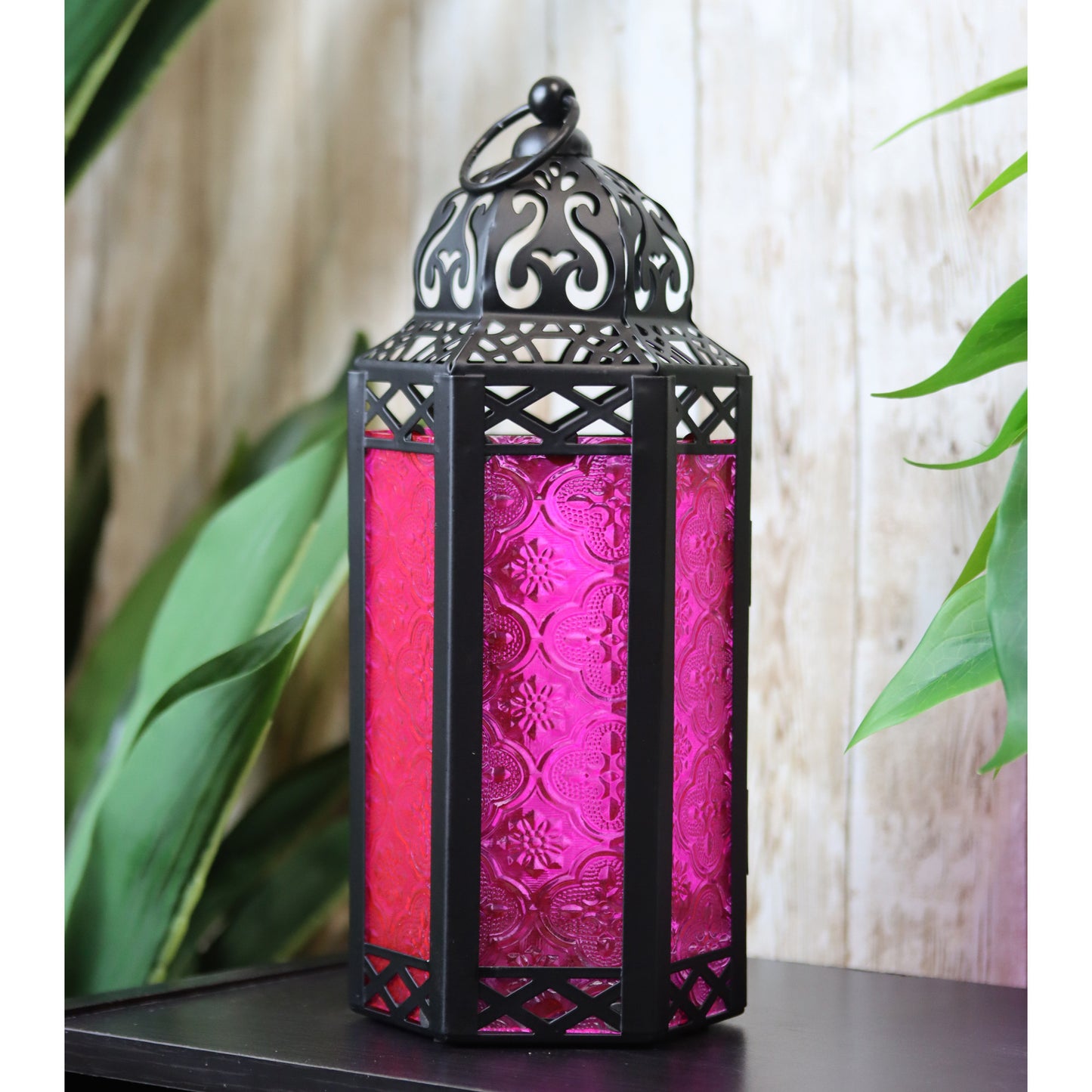 Moroccan Candle Lantern Holder - Decorative Metal & Glass Lantern with Embossed Floral Design for Indoor Home Decor, Garden, Patio, Weddings, Ramadan, Halloween & Holiday Celebrations - 10.5" Tall Medium Size