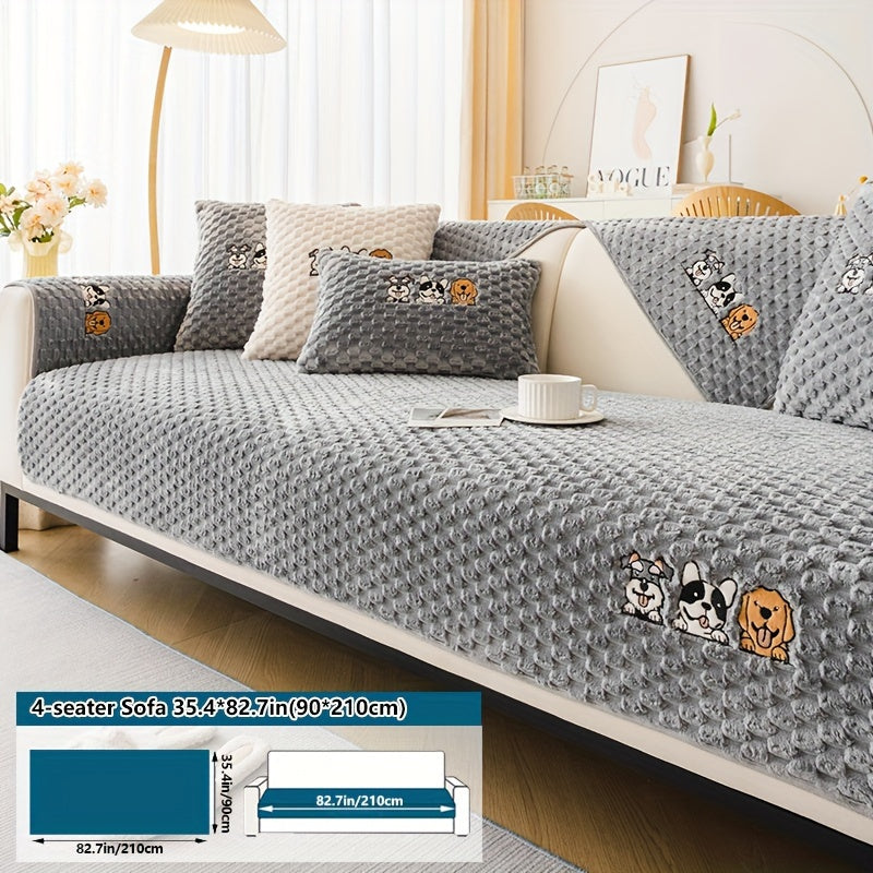 [Pet-Friendly | Velvet] Pet-Friendly Non-Slip 1pc Honeycomb Velvet Sofa Slipcover | Cute Cartoon Dog Embroidery, Bohemian Style Home Decor, Machine Washable Polyester Fabric, Grey, Couch Covers for Sofa