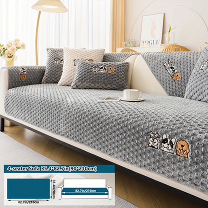 [Pet-Friendly | Velvet] Pet-Friendly Non-Slip 1pc Honeycomb Velvet Sofa Slipcover | Cute Cartoon Dog Embroidery, Bohemian Style Home Decor, Machine Washable Polyester Fabric, Grey, Couch Covers for Sofa