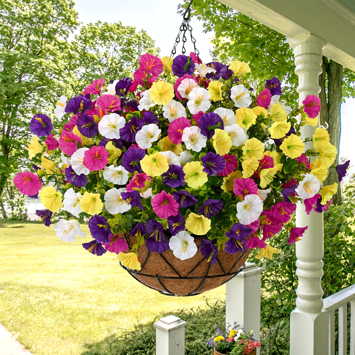 Artificial Hanging Flowers Outdoor UV-Resistant Fake Petunias with Planter Basket – Realistic Faux Hanging Plants for Garden Patio Porch Balcony Railing Decor