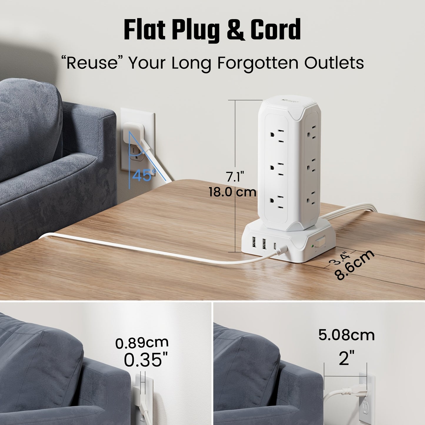[Power Strip Tower] 16in 1 Surge Protector Power Strip Tower with 4 USB Ports(USB-C/PD20W) 12 Outlets, 10/15ft Extension Cord, 1800J Protection Desktop Charging Station for Office School Dorm Room Essentials
