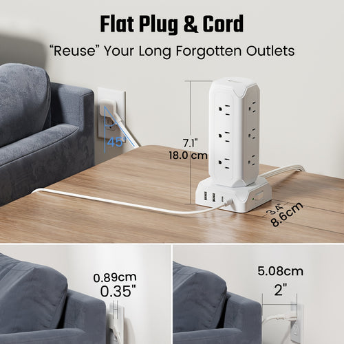 [Power Strip Tower] 16in 1 Surge Protector Power Strip Tower with 4 USB Ports(USB-C/PD20W) 12 Outlets, 10/15ft Extension Cord, 1800J Protection Desktop Charging Station for Office School Dorm Room Essentials