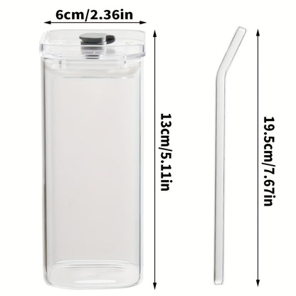 4/6/8pcs Square Glass Cups with Lids, 13oz, Perfect Coffee Cups, Include Straws, Gift for Cup Collectors, Great for Office, Home, School, And Outdoor Use, Weddings, BPA-Free, Comes with Cleaning Brush Tool