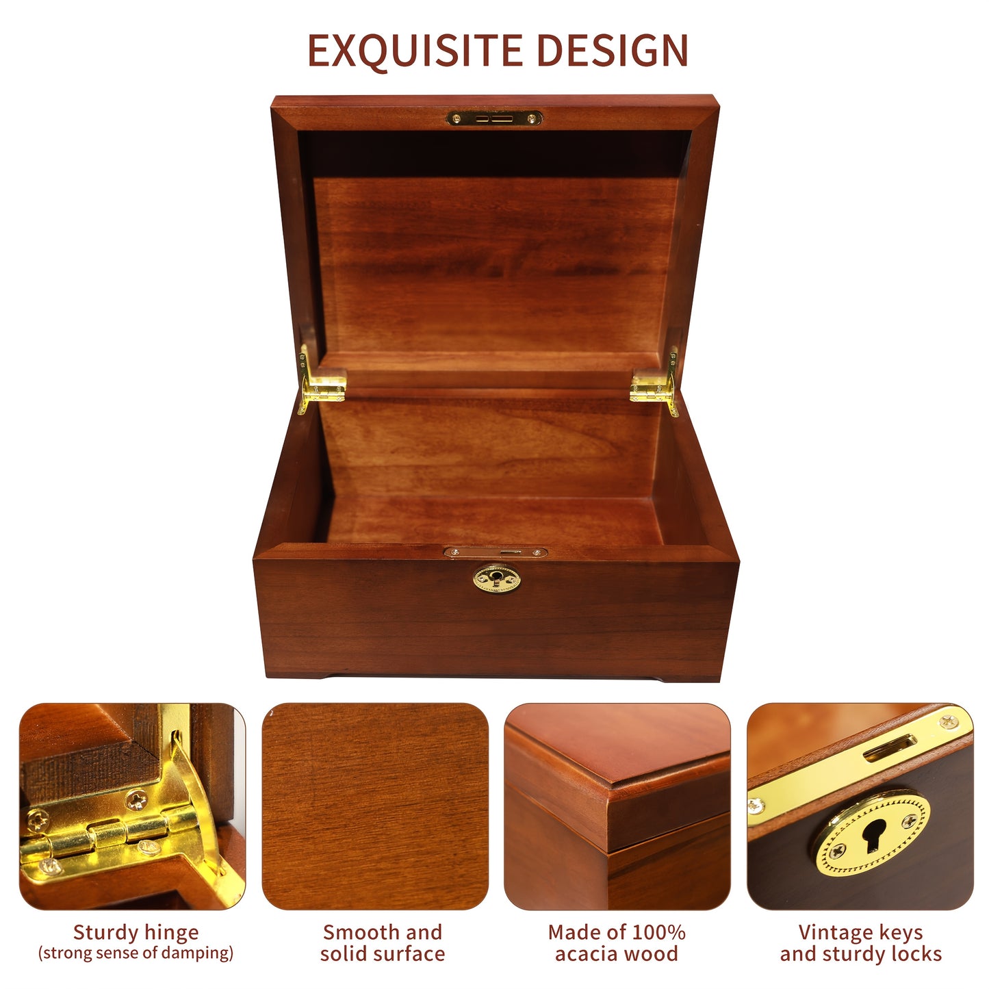 Wooden Jewelry Box with Lock Handcrafted Vintage Wood Storage Chest Hinged Lid Key Lock Multipurpose Organizer Keepsakes Home Office Decor 11x8.5x5.25 Inch