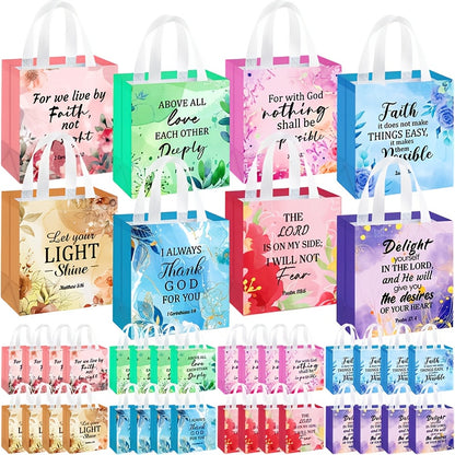 32/64pcs Religious Gift Bags With Handles In 8 Designs, Reusable Flower Bible Verse Gift Bags Bulk For Women & Girl, Non Woven Tote Bag For Church, Wedding, Birthday & Party Supplies