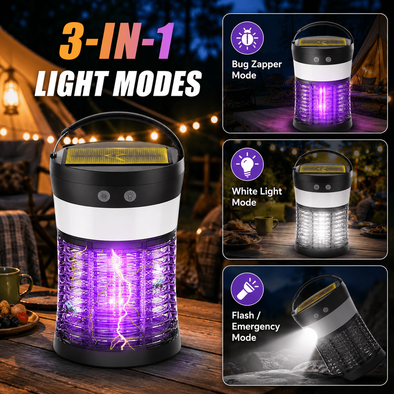 Solar Bug Zapper Electric 3-in-1 – 3000V UV 365nm Mosquito Killer Rechargeable Insect Fly Trap with White Light & Flashlight, 2100 Sq Ft Coverage for Indoor Outdoor Home Patio Backyard Camping – Black