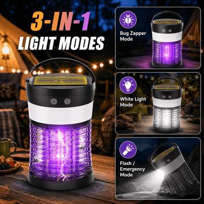Solar Bug Zapper Electric 3-in-1 – 3000V UV 365nm Mosquito Killer Rechargeable Insect Fly Trap with White Light & Flashlight, 2100 Sq Ft Coverage for Indoor Outdoor Home Patio Backyard Camping – Black