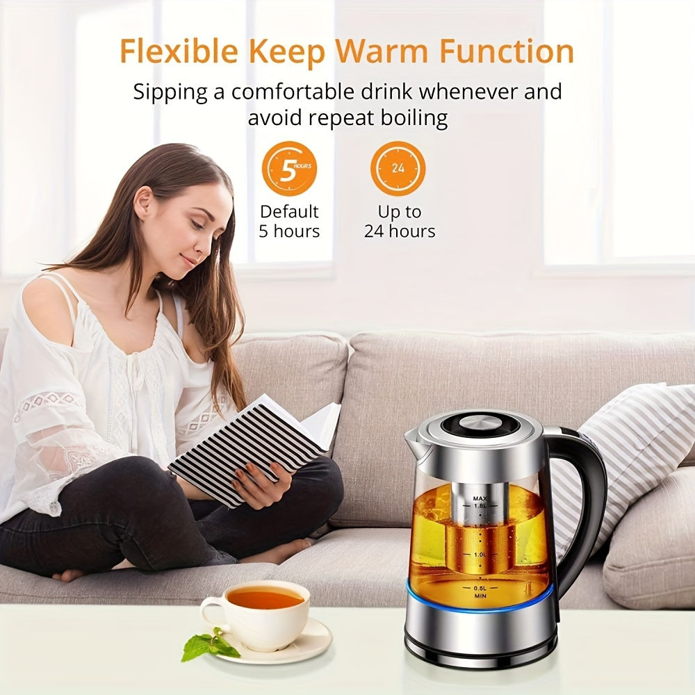 Electric Glass Kettle 1.8L 12 Temperature Controls 24-Hour Keep Warm BPA-Free Borosilicate Glass Stainless Steel Tea Infuser Filter for Coffee Tea Powdered Milk