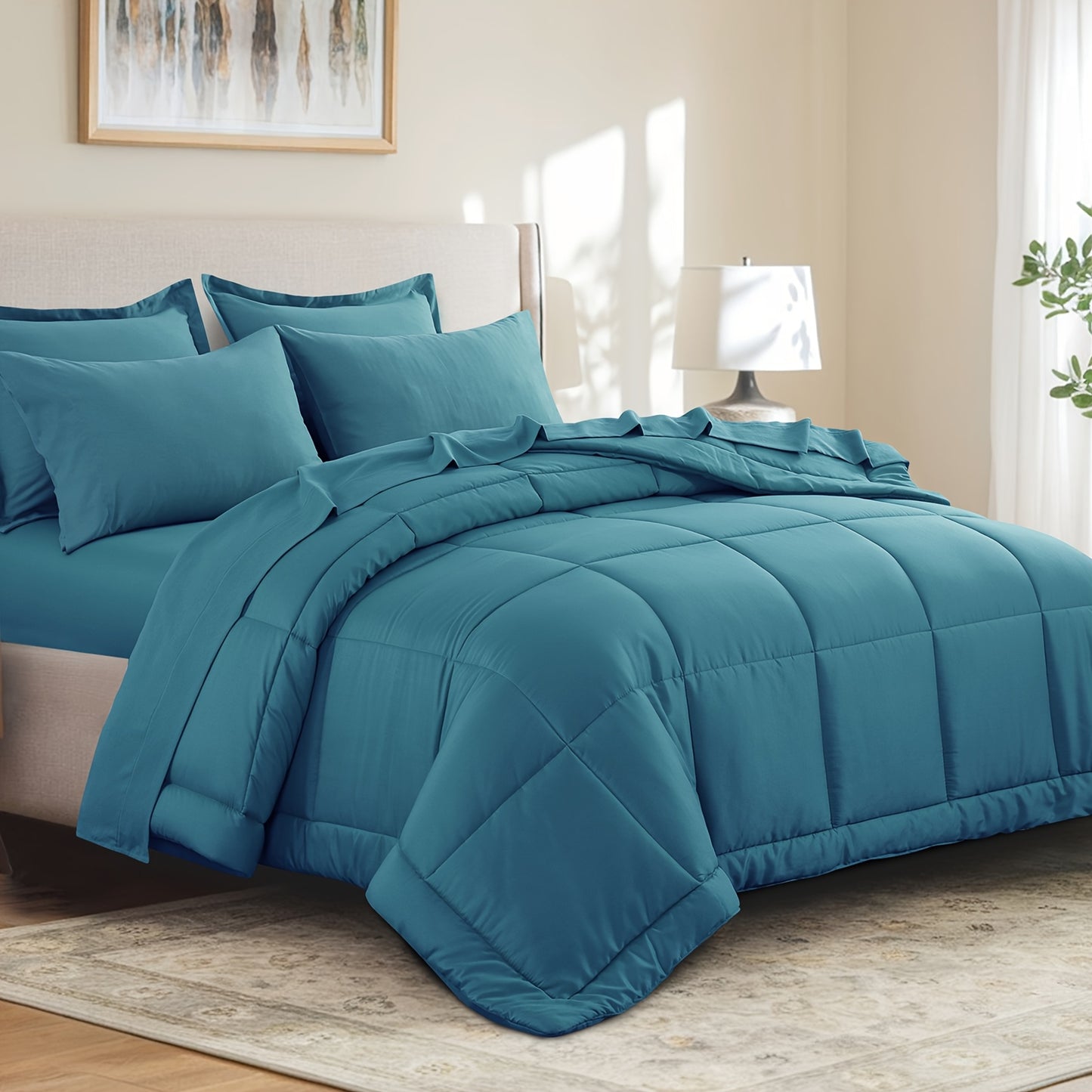7pcs Comforter Set-Luxury Soft Fluffy Bedding With 1 Comforter, 1 Fitted Sheet, 1 Flat Sheet, And 4 Pillowcases & Pillow Cover-All Season Quilte Set Queen, Hypoallergenic, Breathable, Easy Care, Valentine'S Day Bed In A Bag, Gifts For Her