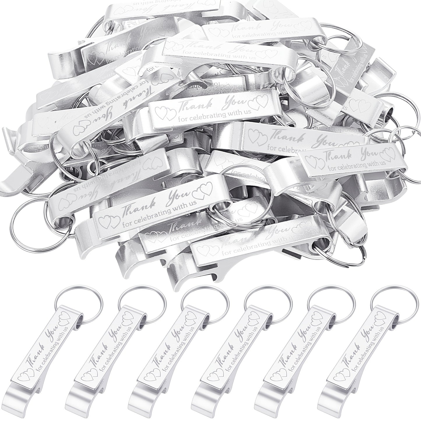 Bulk Set of 100 Aluminum Bottle Opener Keychains, Perfect As Wedding Favors to Thank Guests. Engraved Gifts for Birthdays, Graduations, And Other Celebrations (Silver)