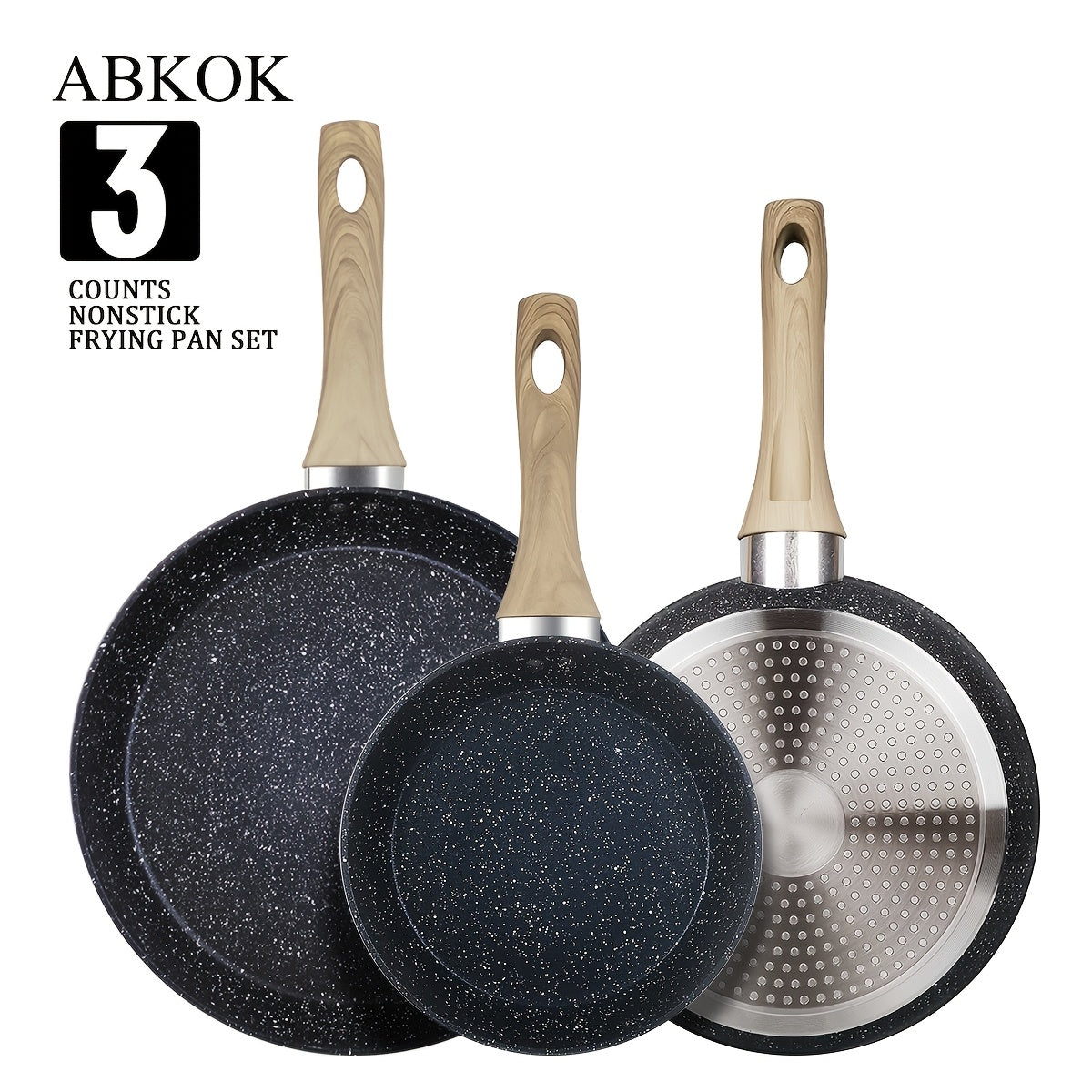 ABKOK Non Stick Frying Pans 3pcs Set, 7/9.5/11 Inch Pans Pots Set for Home Kitchen, Dishwasher Safe, Frying Pan with Insulated Handle, Compatible with Induction Cooker, Grey/Black/White/Colors
