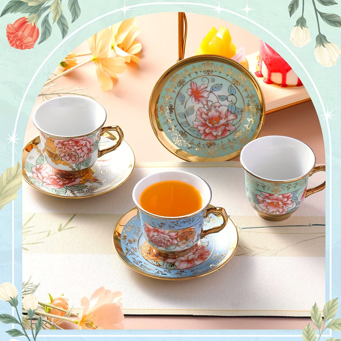 Set Of 12 Tea Cups And Saucers Tea Party Decorations Floral Porcelain 5.4 Oz British Gift For Women Birthday Party, Church, And Mother'S Day (Classic Style)