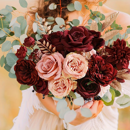 AUSOGO Artificial Rose Bouquet, Wine Red Plastic Flowers for Wedding and Engagement, Versatile for Tabletop Decoration, Ideal for Halloween, Day of the Dead, Memorial Day, Fall, Winter Events, No Battery Required