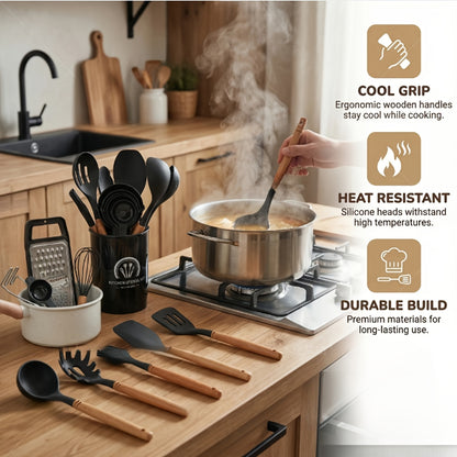 12/34pcs Kitchen Utensils Set with Wooden Handle Silicone Cooking Utensils, Spatulas Silicone Heat Resistant, Heat Resistant Silicone Kitchen Gadgets Utensil Set, Spoon, Turner Tongs, Brush, Cookware for Restaurant And Business, Best Gift