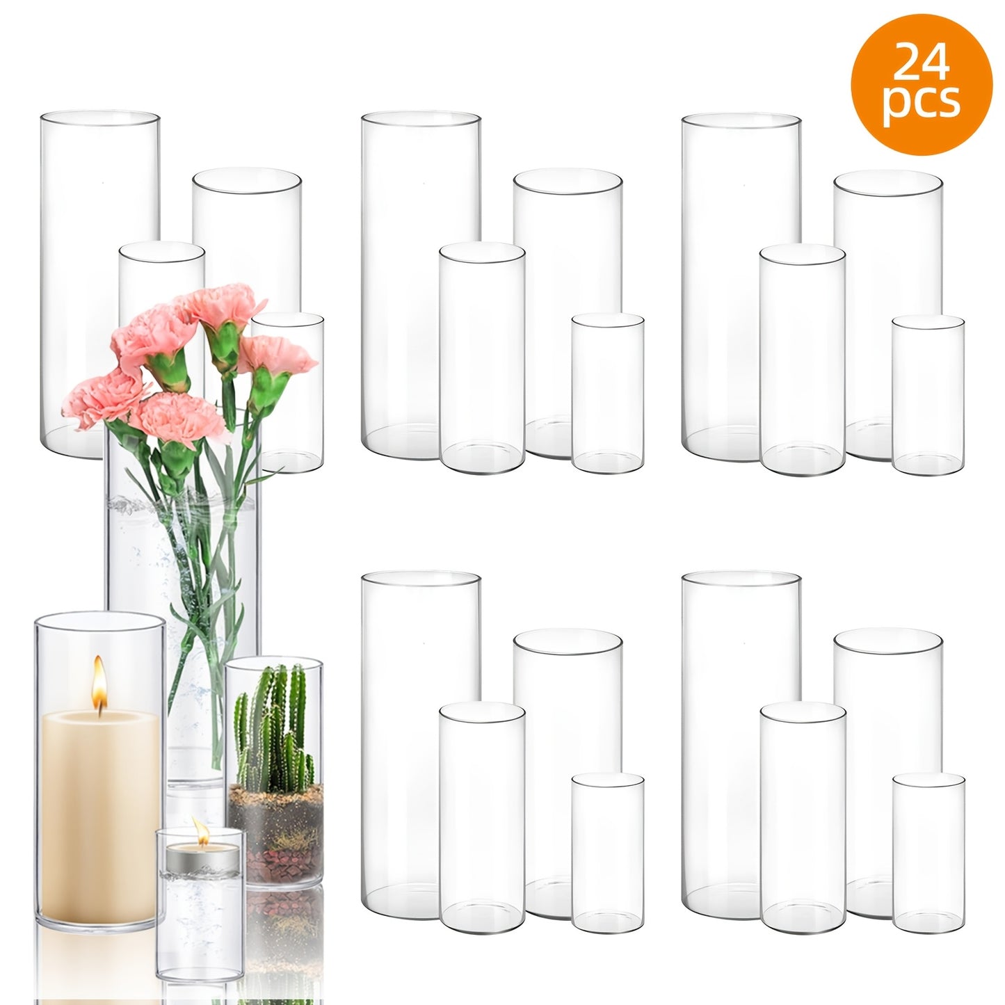 TOMNK 12/24/36/48pcs Clear Glass Candle Holder Cylinder Vases, 4, 6, 8, 10 Inch Tall Cylinder Vases for Candle, Glass Candle Vase, Hurricane Floating Candle Holder Vase for Table Shelf, Party, Wedding, Home Decor