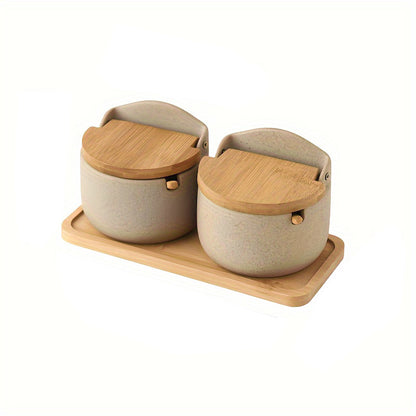 1/2/3pcs Seasoning Pot Set Kitchen Spice Pot Seasoning Containers Ceramic Monosodium Glutamate Pot Salt And Pepper Jar With Tray Pepper Contaniers Seasoning Storage With Lid Food Storage Box With Spoon Kitchen Stuff Kitchen Accessories