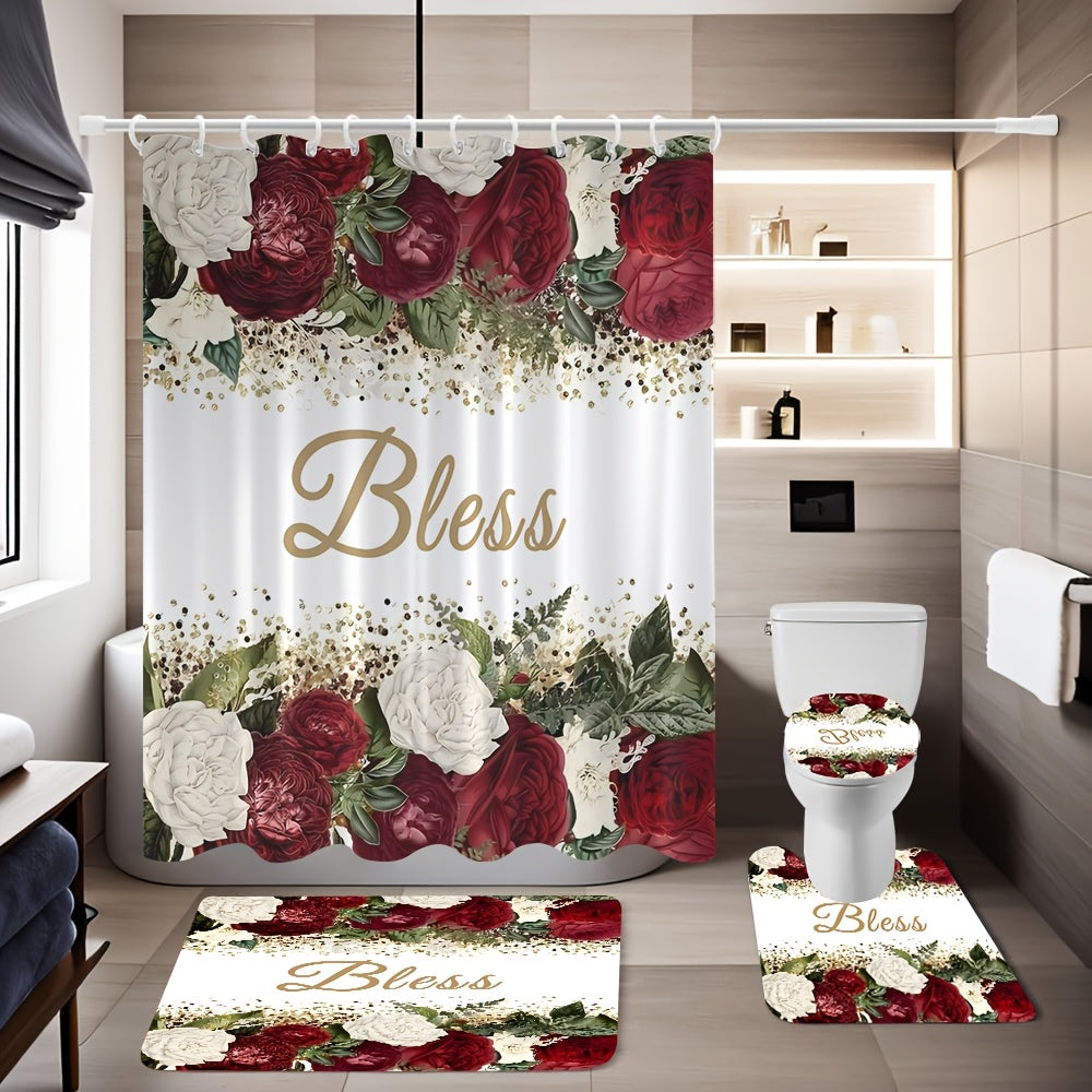 4pcs Complete Bathroom Set with Rose Blessing Printed Pattern, Elegant Modern Design for Home Decor, Shower Curtain, Complete 4pcs Toilet Lid Cover Set, Easy to Install, with 12 Durable Hooks - The Perfect Gift for Friends and Family