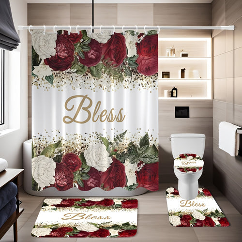 4pcs Complete Bathroom Set with Rose Blessing Printed Pattern, Elegant Modern Design for Home Decor, Shower Curtain, Complete 4pcs Toilet Lid Cover Set, Easy to Install, with 12 Durable Hooks - The Perfect Gift for Friends and Family