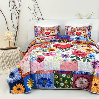 Comforter Set 2 3 Piece Colorful Floral Print Quilt with Pillowcases, Soft Breathable Hypoallergenic Machine Washable Quilted Bed Cover for Twin Full Queen King, Boho Flower Bedding Room Decor