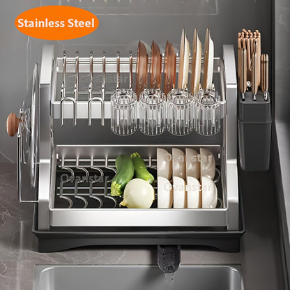 Real Stainless Steel Rust-Resistant 2 Layer SS Dish Rack, Space-Saving And Durable Kitchen Organizer And Storage, Automatic Drainage Drying Rack Holder for Dish, Bowl, Spoon, Knife, Chopsticks And Cups, Suitable for Kitchen Counter