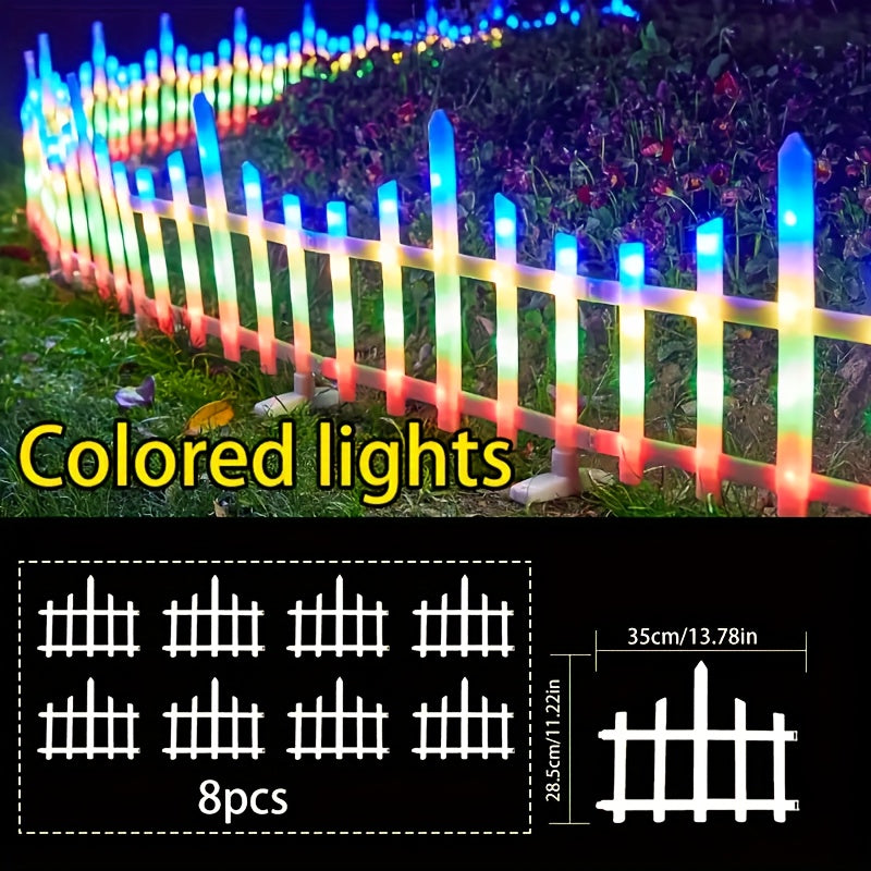 8 PACK Solar Garden Fence Lights Outdoor, Garden Fence, Waterproof LED Lighted White Picket Fence Border Solar Powered with Remote, Decorative Fence Christmas Lights for Tree Yard Pet Barrier, Fence Solar Lights, Solar Fence Lights Outdoor Waterproof, Sol