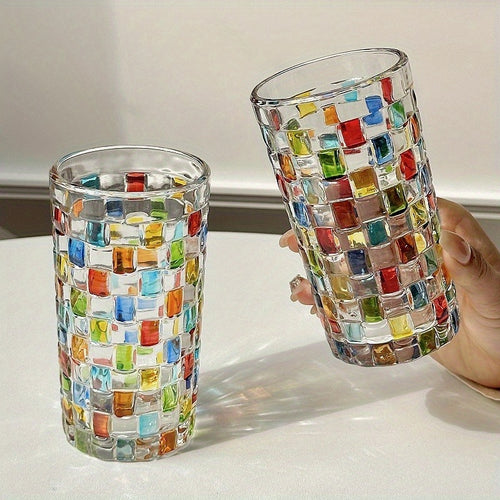 2pcs/4pcs Hand-painted Square Lattice Woven Glass Water Glass Juice Glass Whiskey Glass Hand-painted Colorful Glass Beer Glass, Home Bar Essentials, Entertaining Glassware, Decorative Glassware, Artistic Drinkware, Highquality Glassware, Handcrafted Glass
