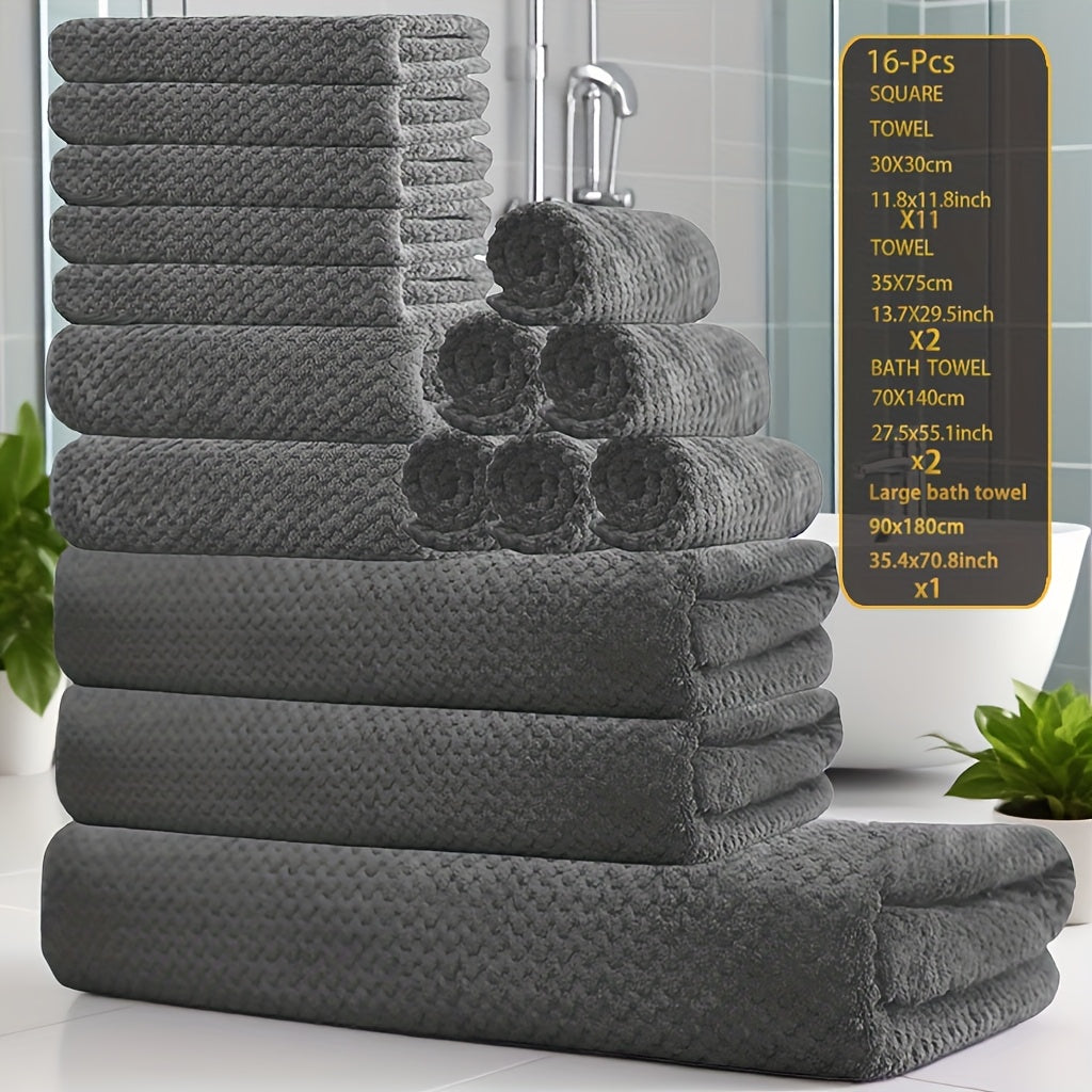 16pcs Coral Fleece Bath Towel Set, 1 Extra Large Bath Towel, 2 Bath Towels, 2 Washcloths, 11 Square Towels, Suitable for Hotels, Homes, Travel, And Spas