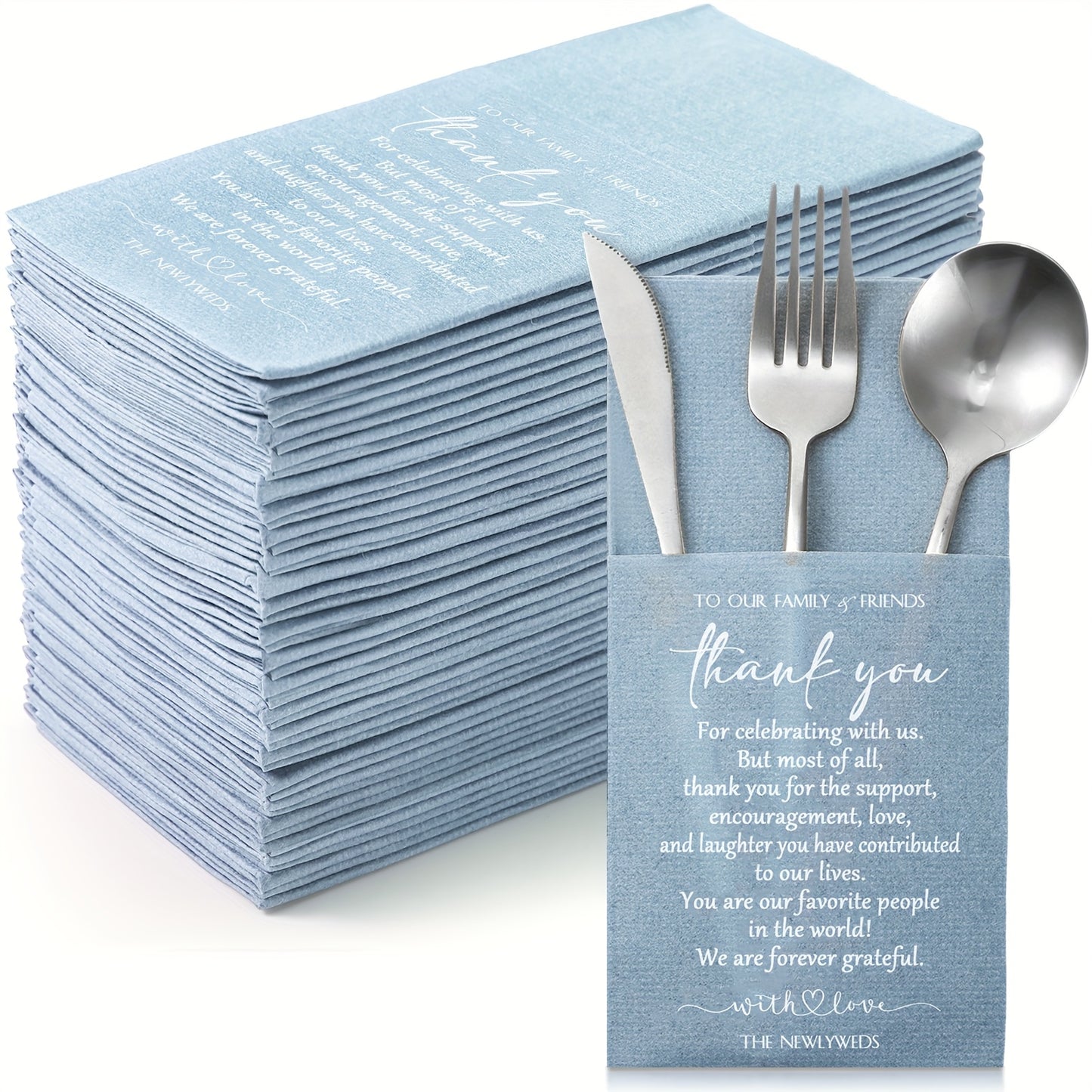 100-Piece Solid Color Thank You Wedding Napkins, Cocktail Napkins for Newlyweds, Guests, Family and Friends, with Built-in Utensil Pocket, Tissue Napkins for Bridal Shower, Rehearsal Dinner, Party Supplies, Haze Blue