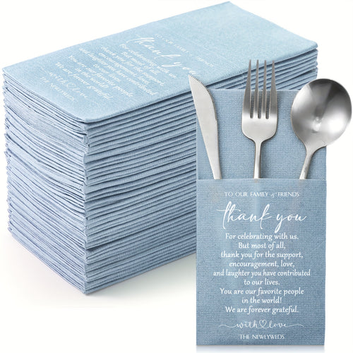 100-Piece Solid Color Thank You Wedding Napkins, Cocktail Napkins for Newlyweds, Guests, Family and Friends, with Built-in Utensil Pocket, Tissue Napkins for Bridal Shower, Rehearsal Dinner, Party Supplies, Haze Blue