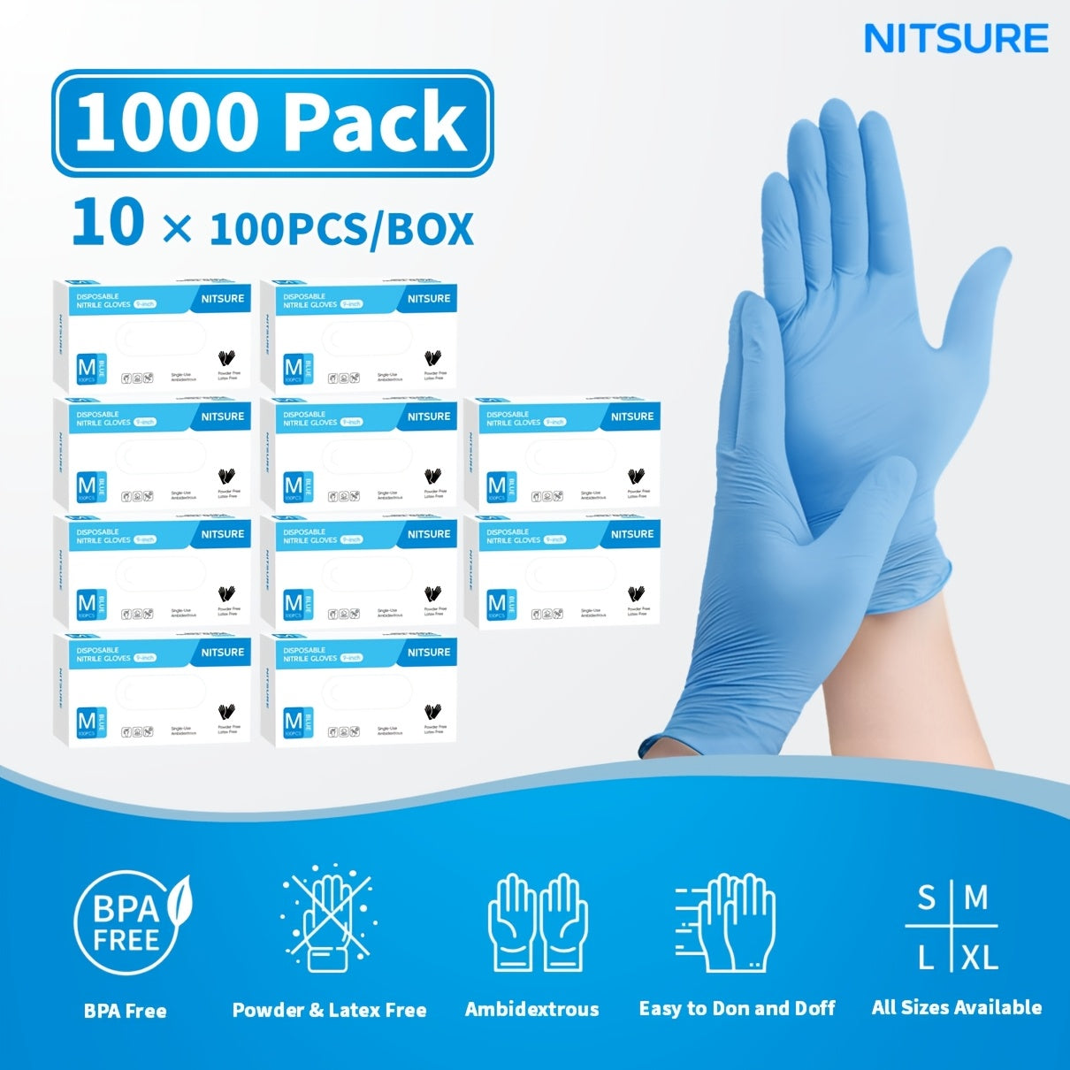 1000/501/201/101pcs Pack, Blue Nitrile Disposable Gloves, 5.5mil Thickness, Elastic Fit, Chemical-resistant, -free, Designed for Maintenance Teams, Suitable for Household Cleaning, Tattooing, Painting, Car Washing, Etc